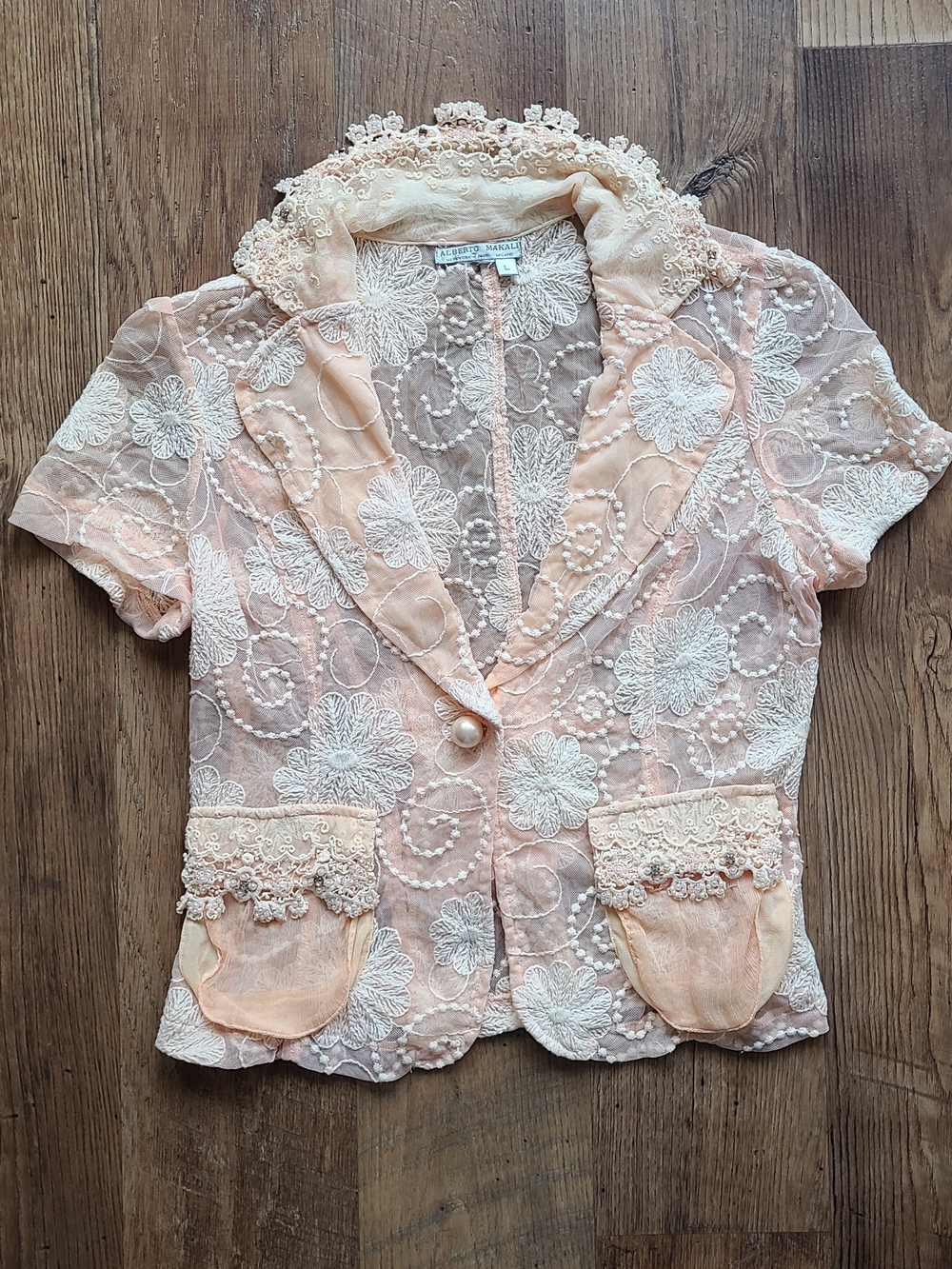 Alberto Makali Peach and Cream Lace Short-Sleeve Blazer